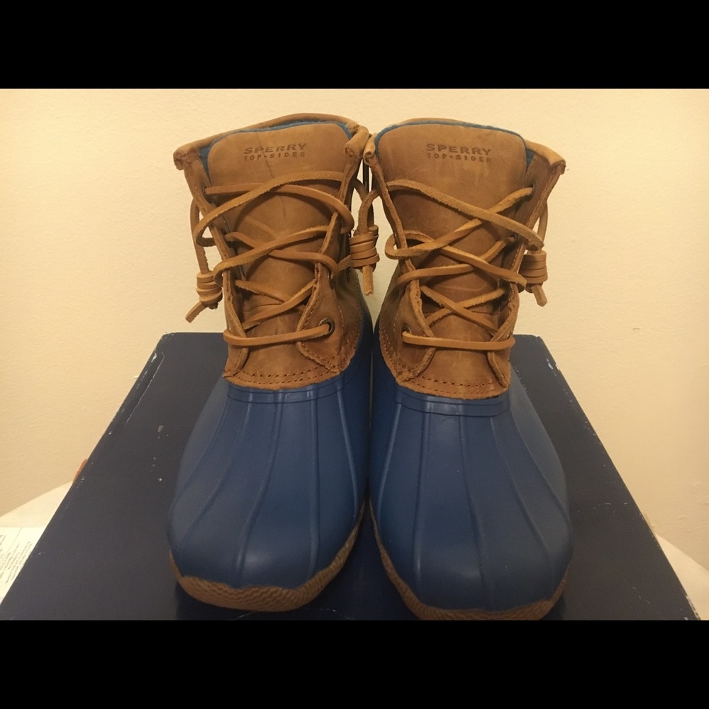 Sperry Saltwater Tan/Petrol Rain Boots W. Size 5